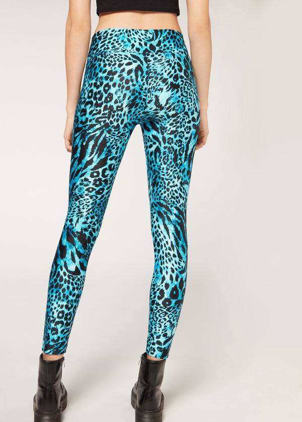 Legginsy Damskie Calzedonia Shiny Animal-Print Sportowe Turkusowe | PL2681WY