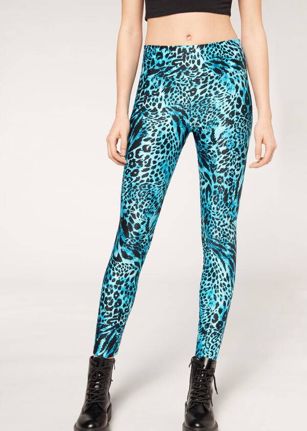 Legginsy Damskie Calzedonia Shiny Animal-Print Sportowe Turkusowe | PL2681WY