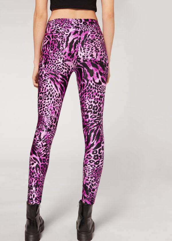 Legginsy Damskie Calzedonia Shiny Animal-Print Sportowe Różowe | PL2682QZ