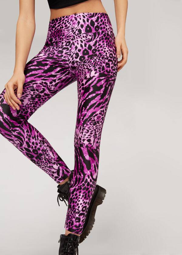 Legginsy Damskie Calzedonia Shiny Animal-Print Sportowe Różowe | PL2682QZ