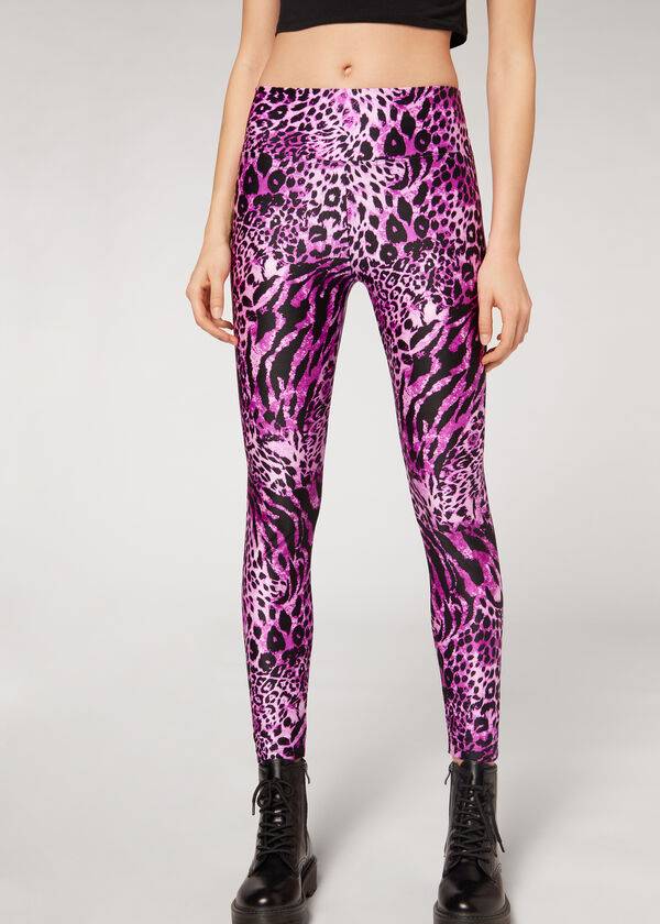 Legginsy Damskie Calzedonia Shiny Animal-Print Sportowe Różowe | PL2682QZ