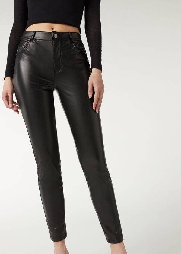 Legginsy Damskie Calzedonia Thermal leather-effect Czarne | PL2701OR