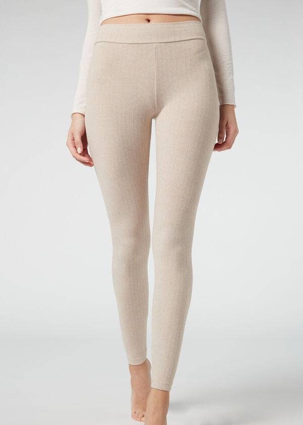 Legginsy Damskie Calzedonia Żebrowany with Cashmere Beżowe | PL2674OR