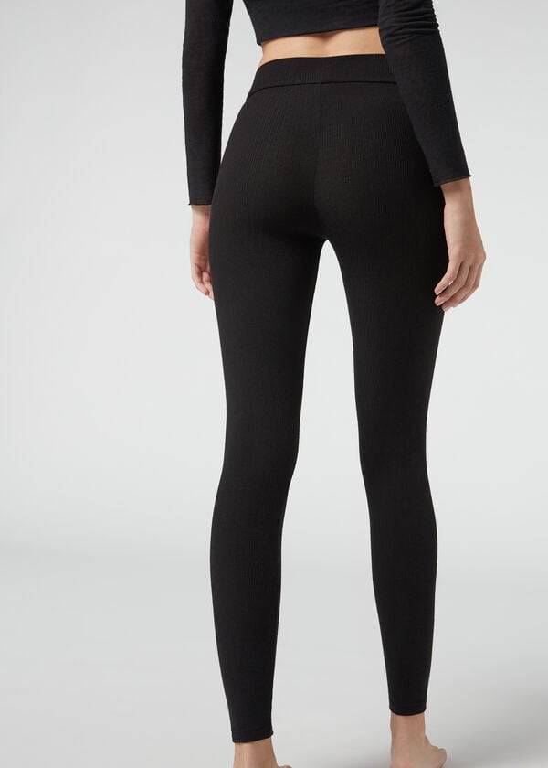 Legginsy Damskie Calzedonia Żebrowany with Cashmere Czarne | PL2675IS