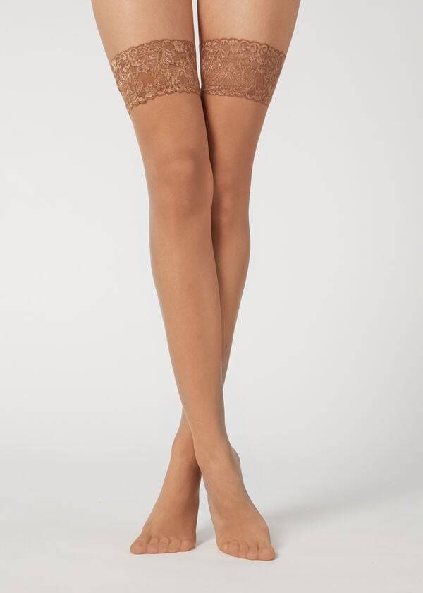 Pończochy Damskie Calzedonia 20 Denier Sheer Thigh-Highs Khaki | PL1249RW