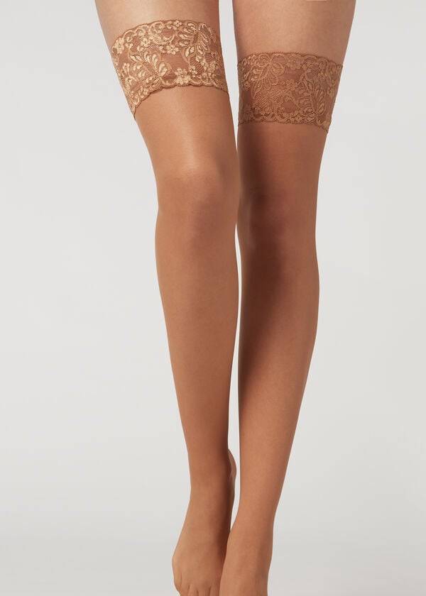 Pończochy Damskie Calzedonia 20 Denier Sheer Thigh-Highs Beżowe Brązowe | PL1250TV