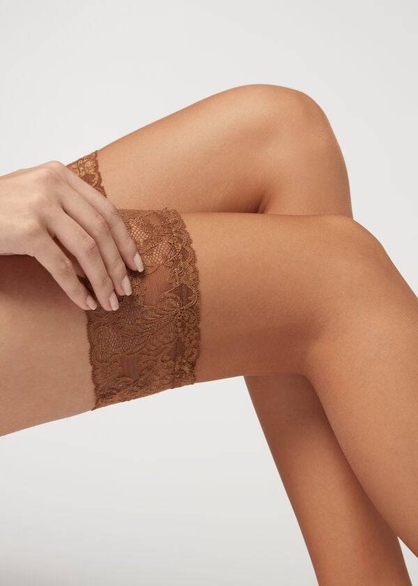 Pończochy Damskie Calzedonia 8 Denier Ultra Sheer Thigh-Highs Beżowe | PL1256AP