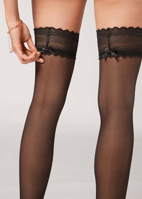 Pończochy Damskie Calzedonia Crochet 40 Denier Sheer Thigh Highs Czarne | PL1262JJ