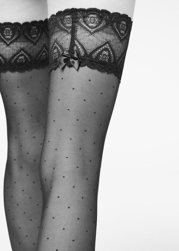 Pończochy Damskie Calzedonia Micro Dot 30 Denier Sheer Thigh Highs Czarne | PL1264LH