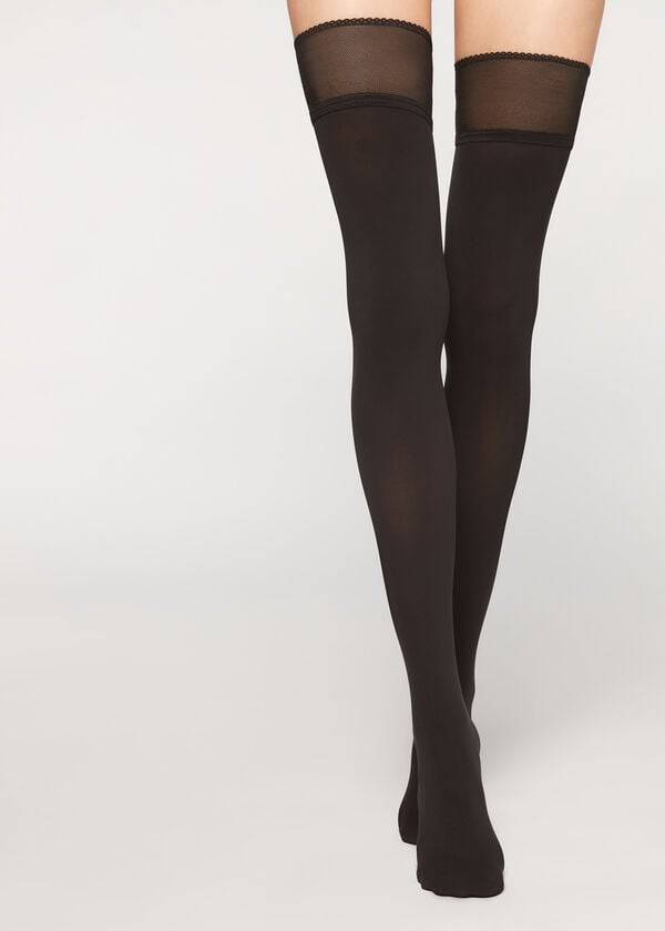 Pończochy Damskie Calzedonia Opaque soft touch Thigh-Highs Czarne | PL1268VD