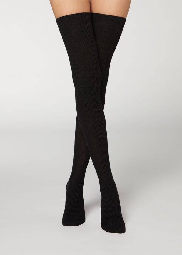 Pończochy Damskie Calzedonia Thigh High Socks with Open Knit Wełna Czarne | PL1270NB