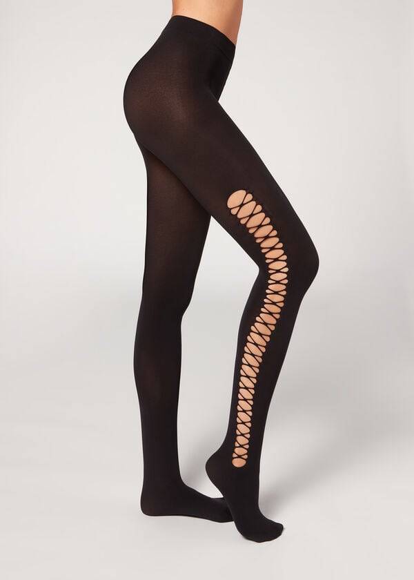 Rajstopy Damskie Calzedonia Crisscross Cut-Out Opaque 90 Denier Patterned Czarne | PL1090QZ