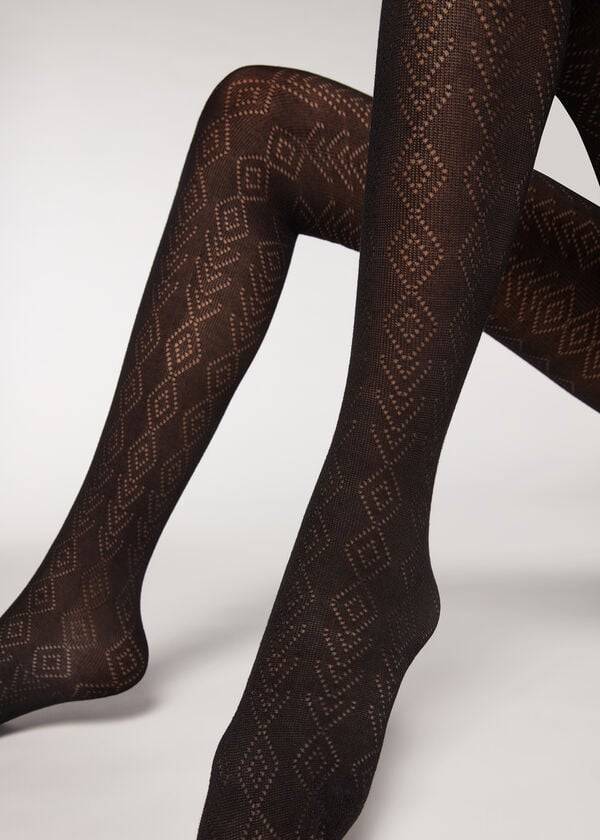 Rajstopy Damskie Calzedonia Diamond Pattern with Cashmere Patterned Czarne | PL1093RW