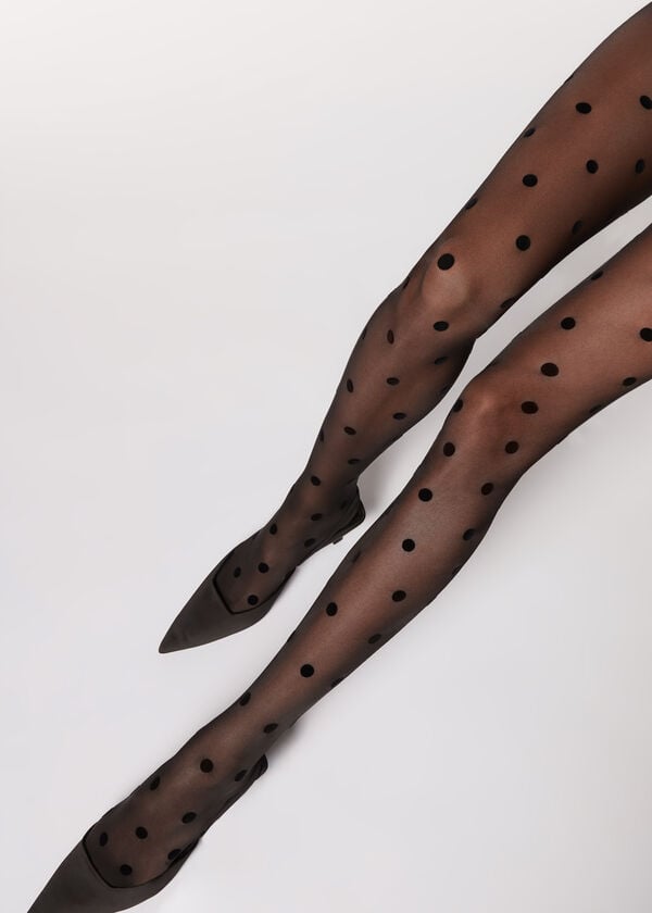 Rajstopy Damskie Calzedonia Flocked Dots Sheer 30 Denier Czarne | PL1223RW