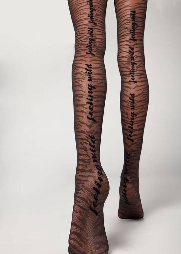 Rajstopy Damskie Calzedonia Flocked Tiger Text 50 Denier Patterned Czarne | PL1097IS