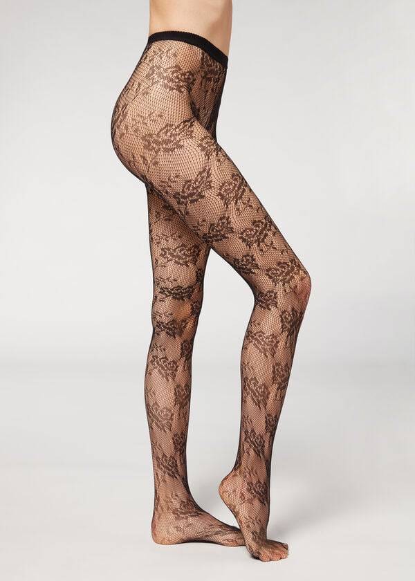 Rajstopy Damskie Calzedonia Floral Koronkowe-Motif Fishnet Patterned Czarne | PL1099PQ