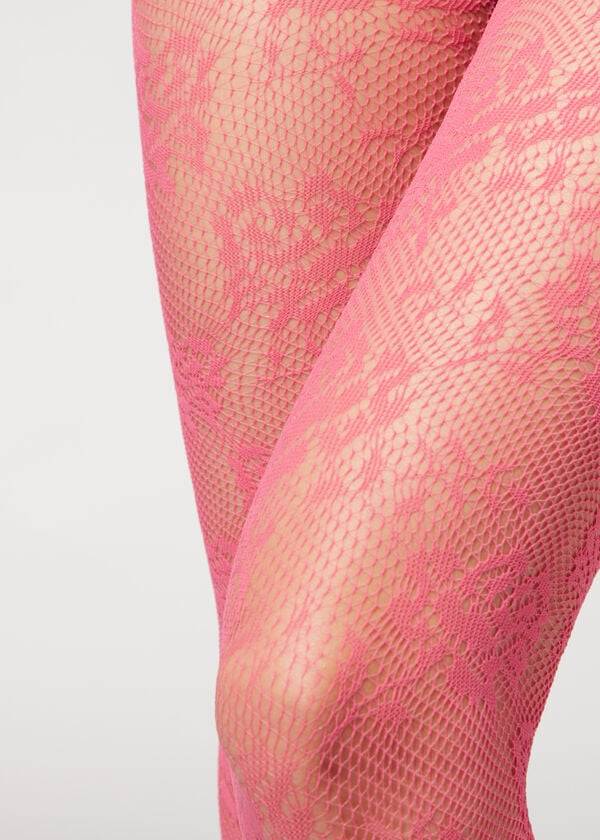 Rajstopy Damskie Calzedonia Floral Koronkowe-Motif Fishnet Patterned Różowe | PL1100AP