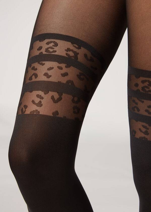 Rajstopy Damskie Calzedonia Longuette-Effect Animal-Print Patterned Czarne | PL1110XF