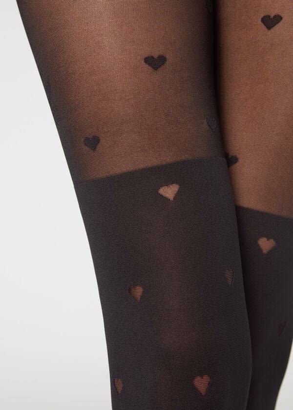 Rajstopy Damskie Calzedonia Longuette-Effect Mini Heart-Motif Patterned Czarne | PL1111CE