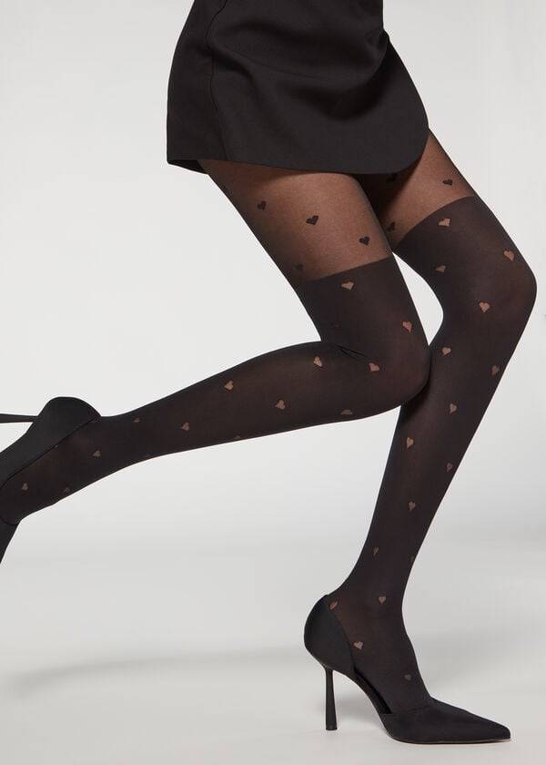 Rajstopy Damskie Calzedonia Longuette-Effect Mini Heart-Motif Patterned Czarne | PL1111CE