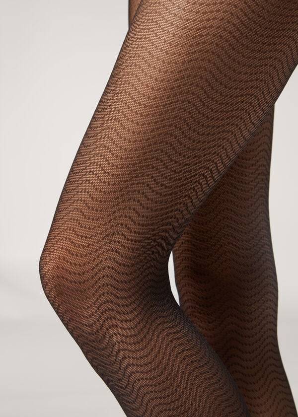 Rajstopy Damskie Calzedonia Wave-Motif Micronet Patterned Czarne | PL1133KI