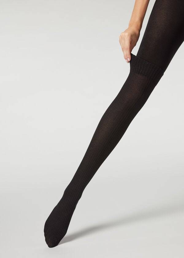 Rajstopy Damskie Calzedonia Żebrowany Longuette Effect with Cashmere Patterned Czarne | PL1125PQ