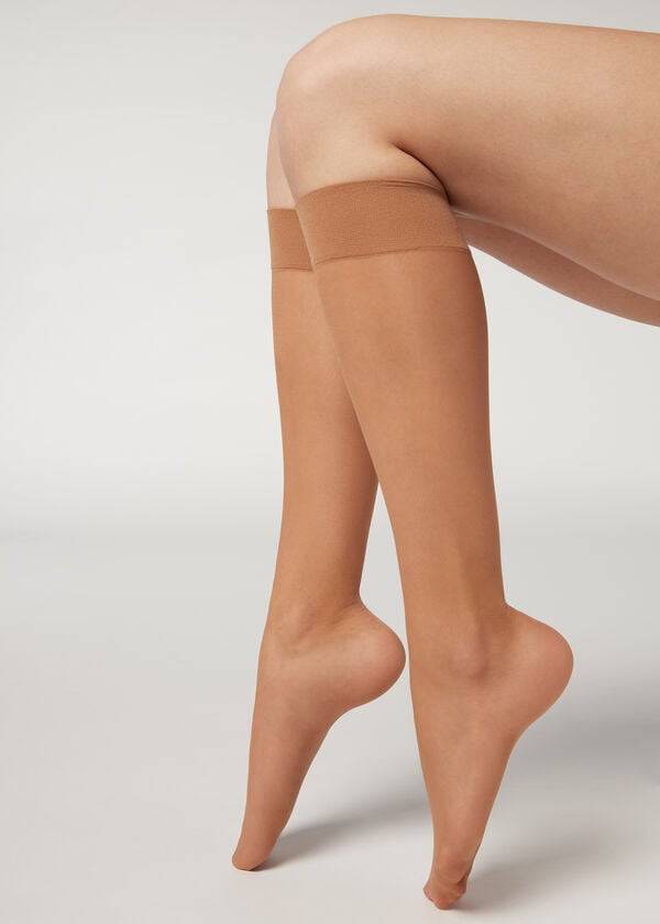 Skarpety Damskie Calzedonia 20 Denier Komfort Cuff Knee-Highs Long Beżowe Brązowe | PL2225KI