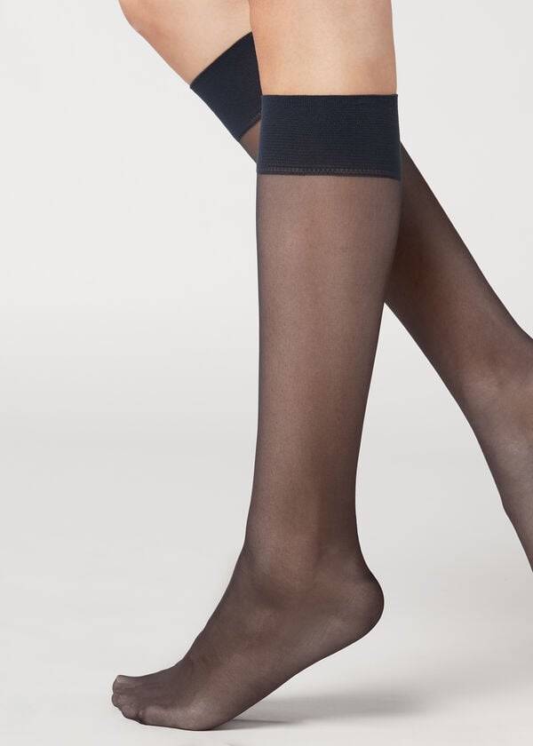 Skarpety Damskie Calzedonia 20 Denier Komfort Cuff Knee-Highs Sheer Niebieskie | PL2300GL