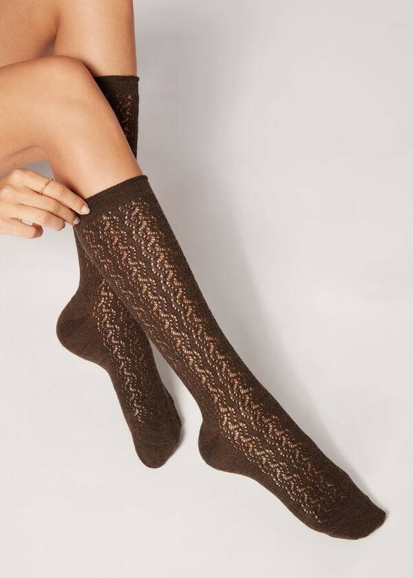 Skarpety Damskie Calzedonia Knee High with Open Knit Wełna Long Brązowe | PL2242OR