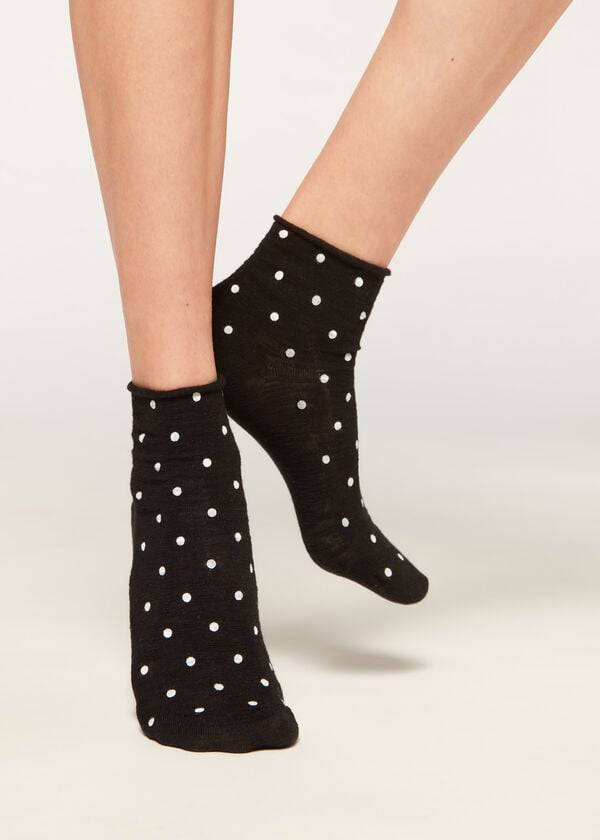 Skarpety Damskie Calzedonia Polka Dot Motif Krótkie with Linen Czarne | PL2467GL